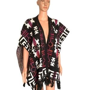 Boho Wool Poncho Wrap Shawl 1-Size Tribal Western Mexican Gray White Multi Fall‎